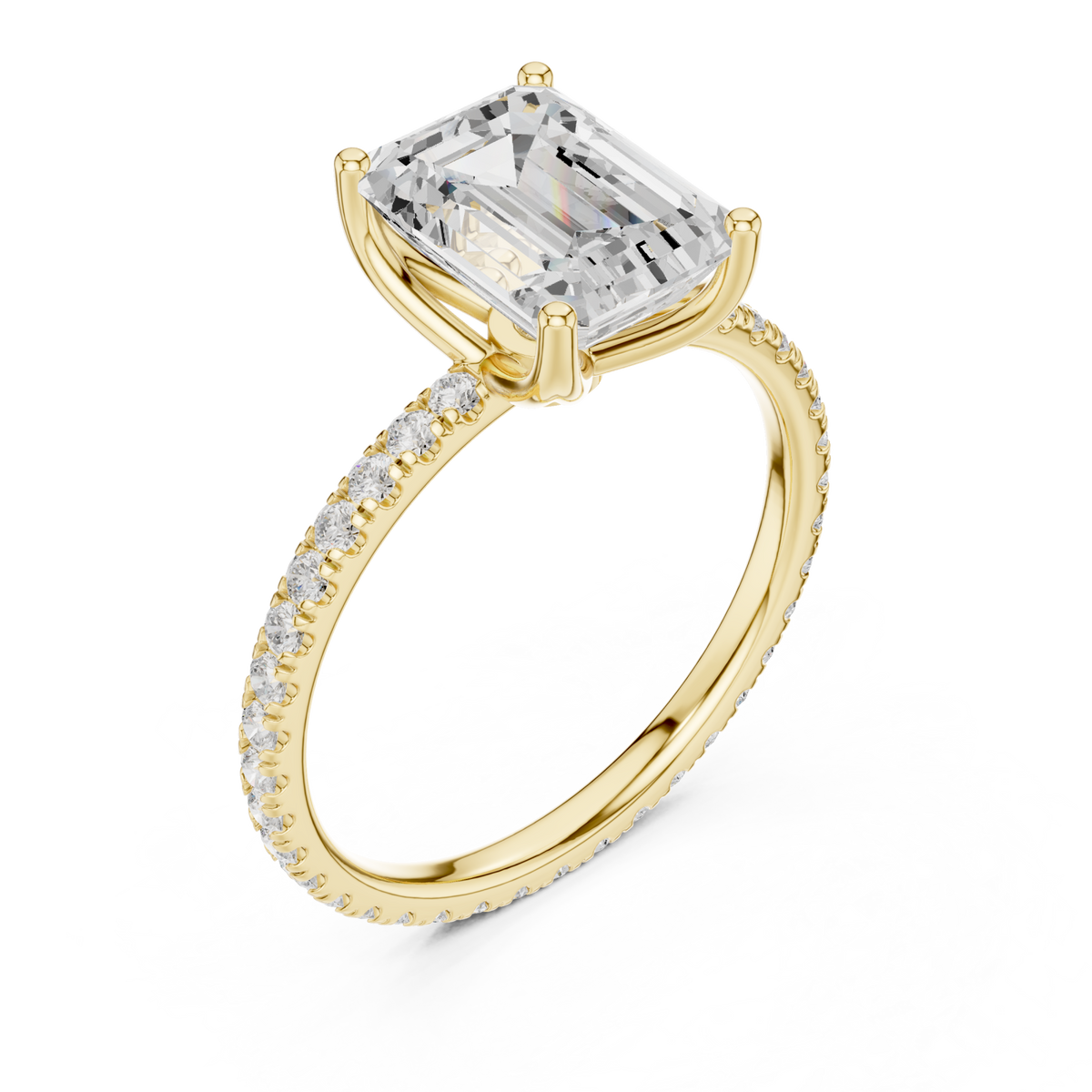 Emerald claw-prong pave engagement ring yellow gold angle view