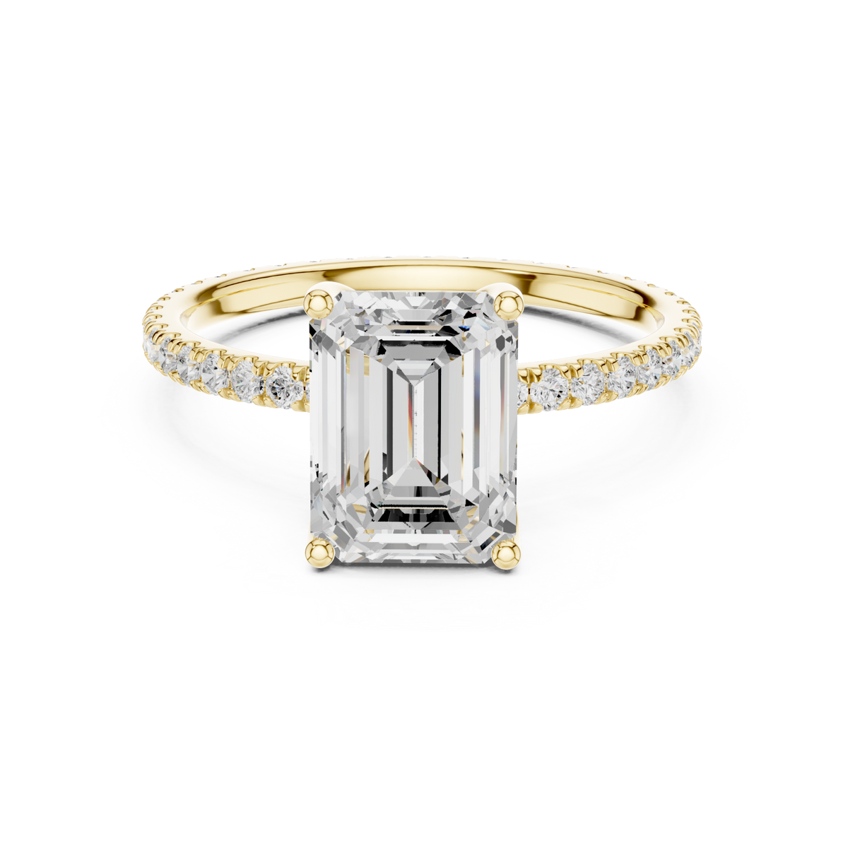 Emerald claw-prong pave engagement ring yellow gold detail view