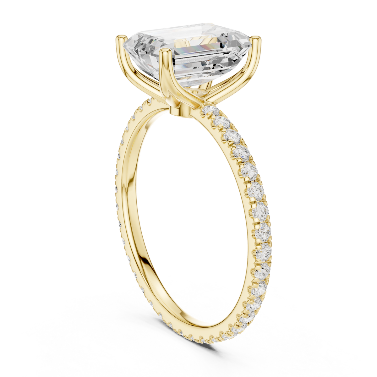 Emerald claw-prong pave engagement ring yellow gold front view