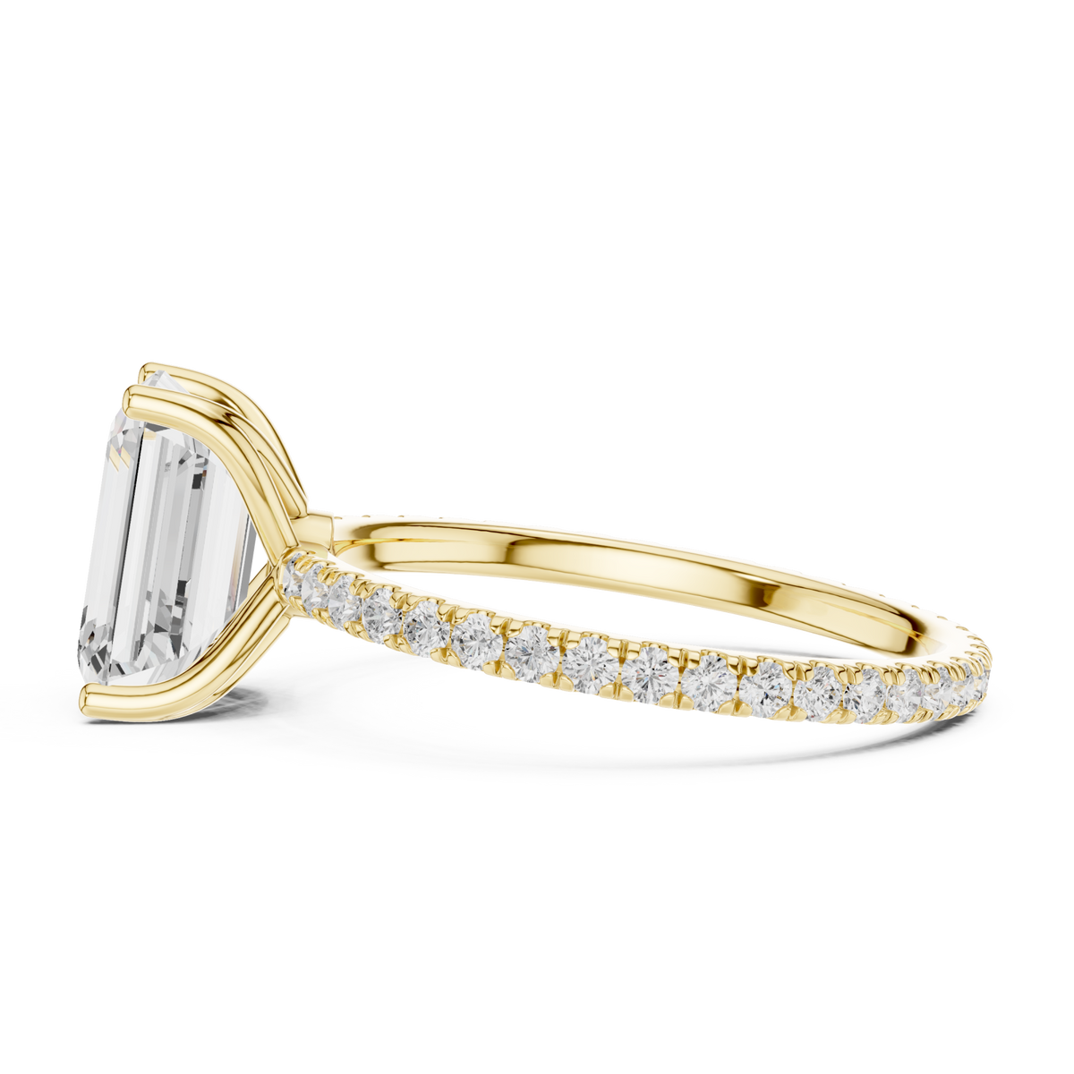 Emerald claw-prong pave engagement ring yellow gold side view
