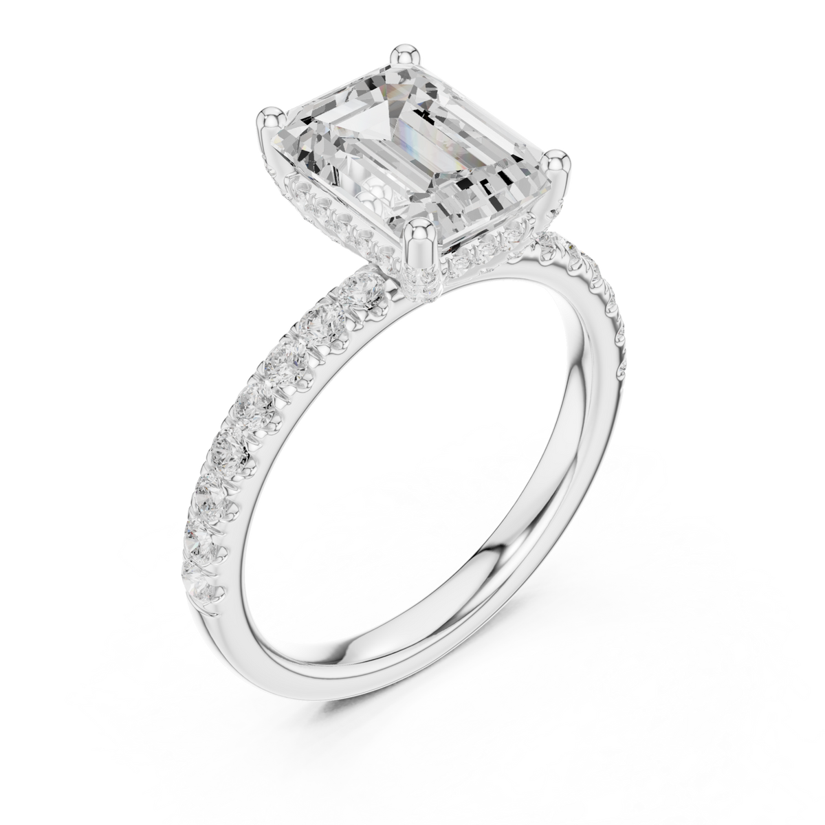 Emerald compass hidden halo pave engagement ring white gold angle view