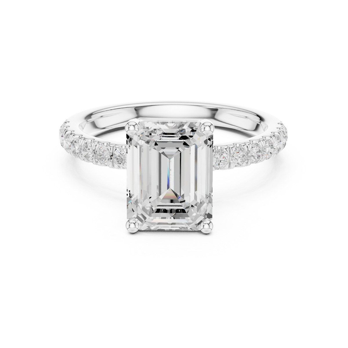 Emerald compass hidden halo pave engagement ring white gold detail view