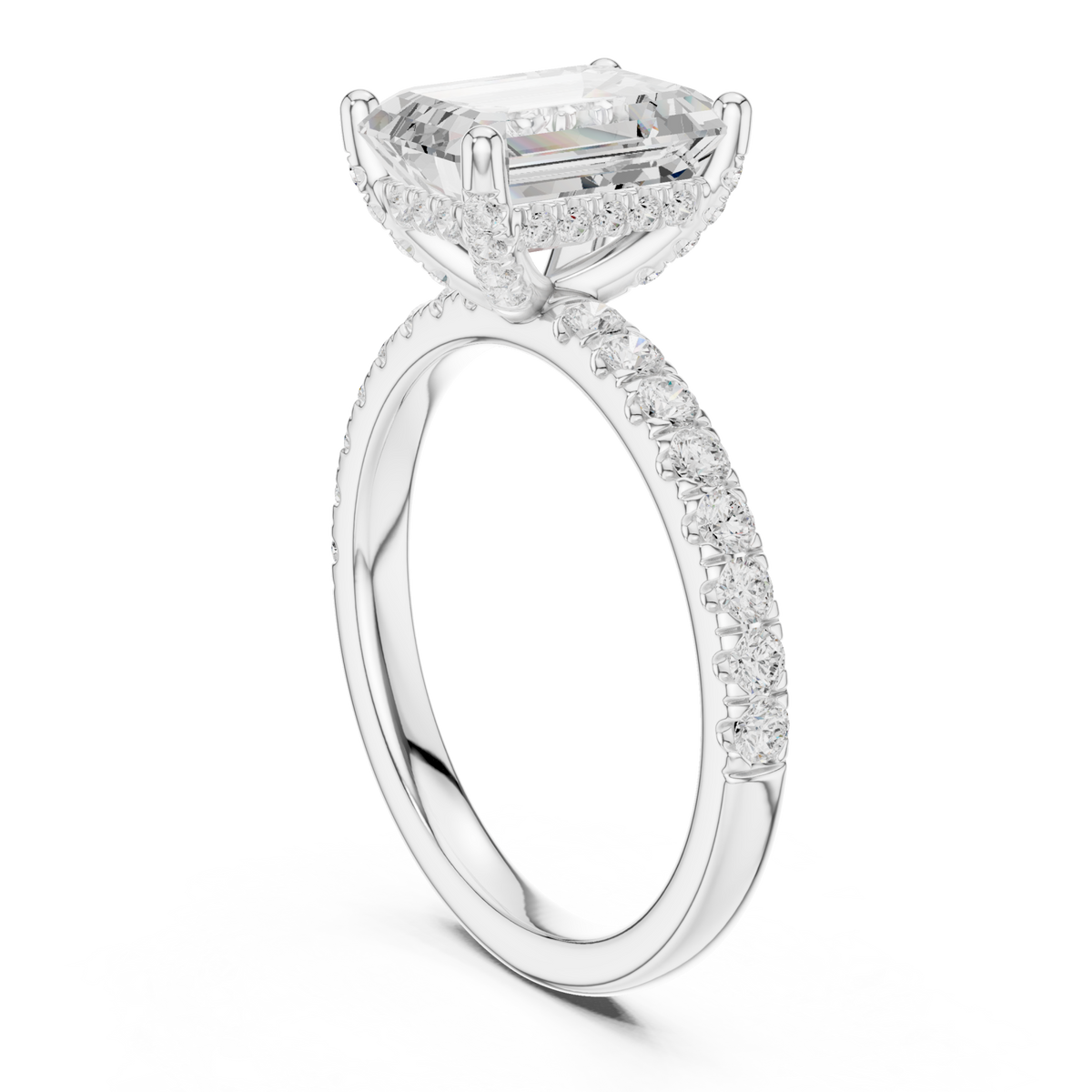 Emerald compass hidden halo pave engagement ring white gold front view