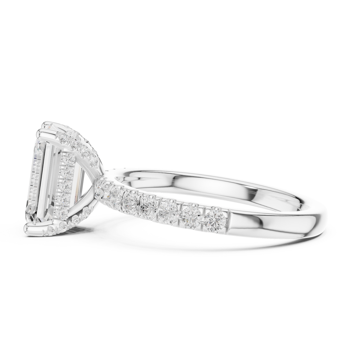 Emerald compass hidden halo pave engagement ring white gold side view