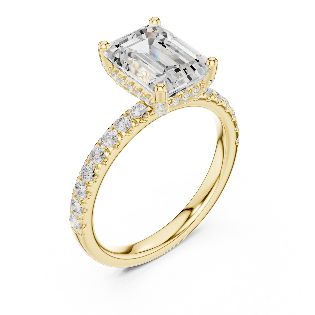 Emerald compass hidden halo pave engagement ring yellow gold angle view