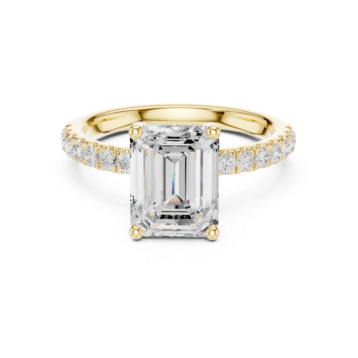 Emerald compass hidden halo pave engagement ring yellow gold detail view