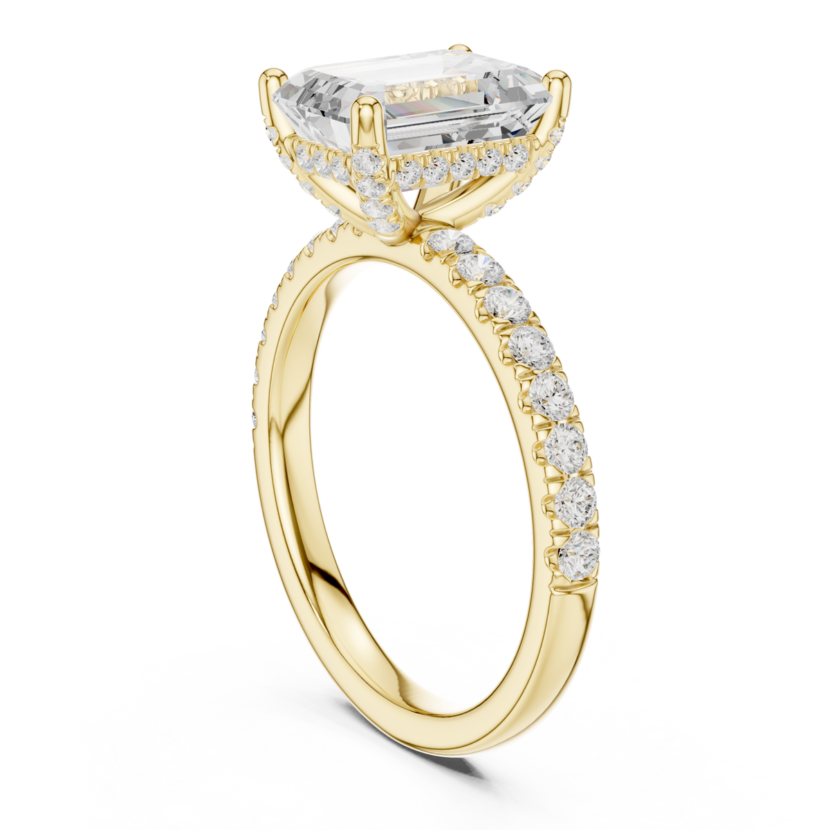 Emerald compass hidden halo pave engagement ring yellow gold front view