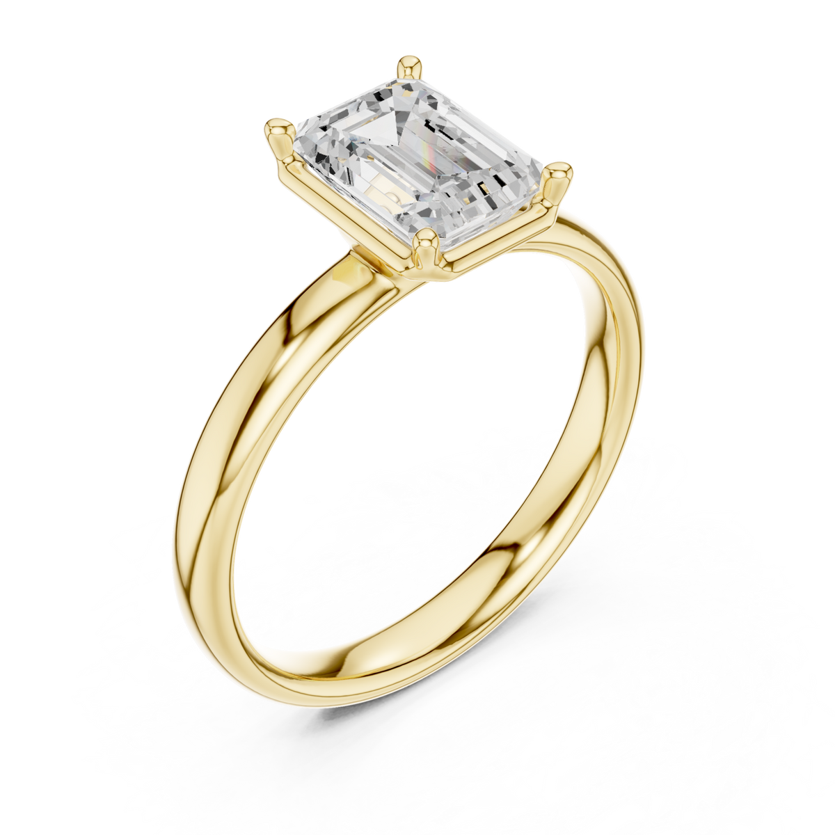 Emerald compass point solitaire engagement ring yellow gold angle view