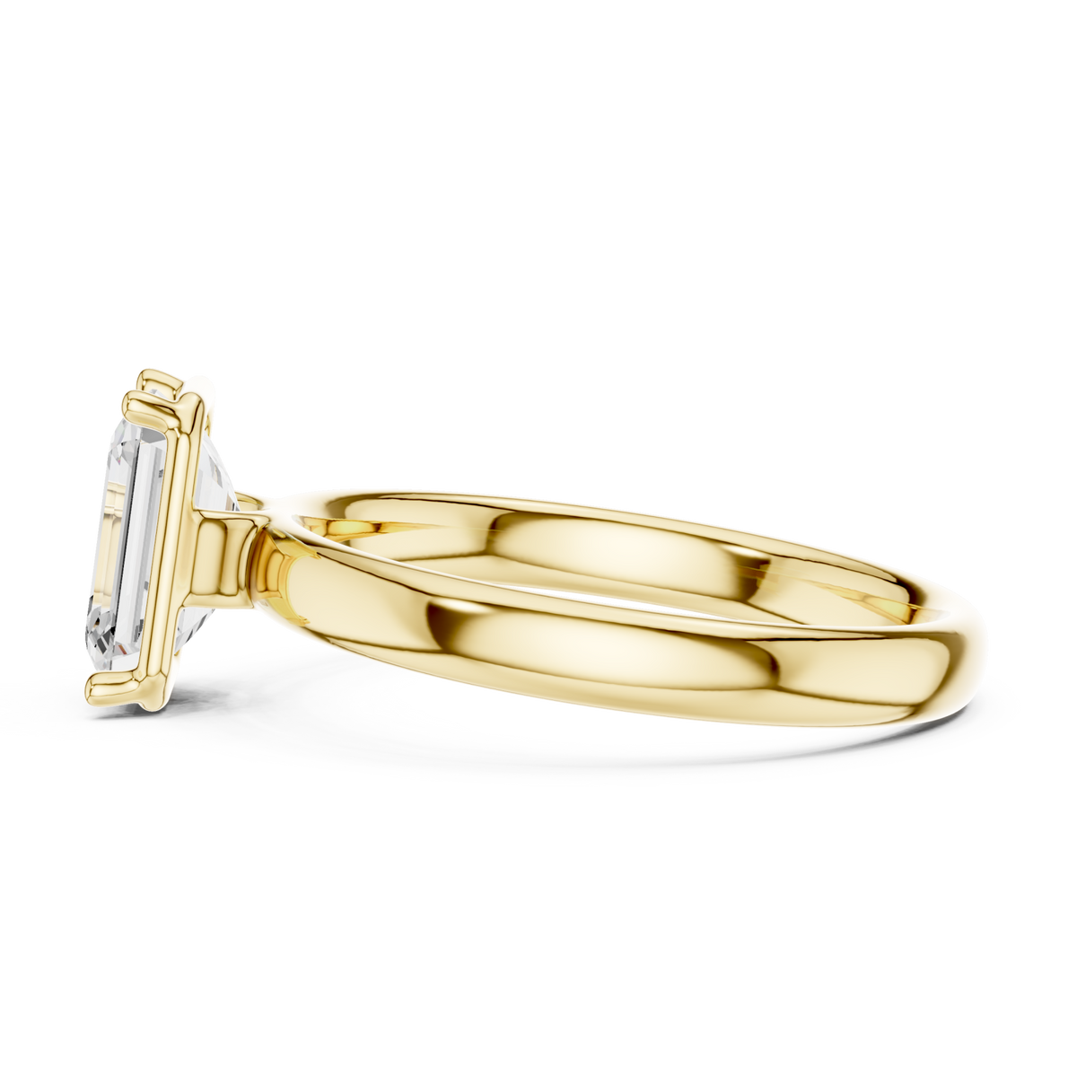 Emerald compass point solitaire engagement ring yellow gold side view