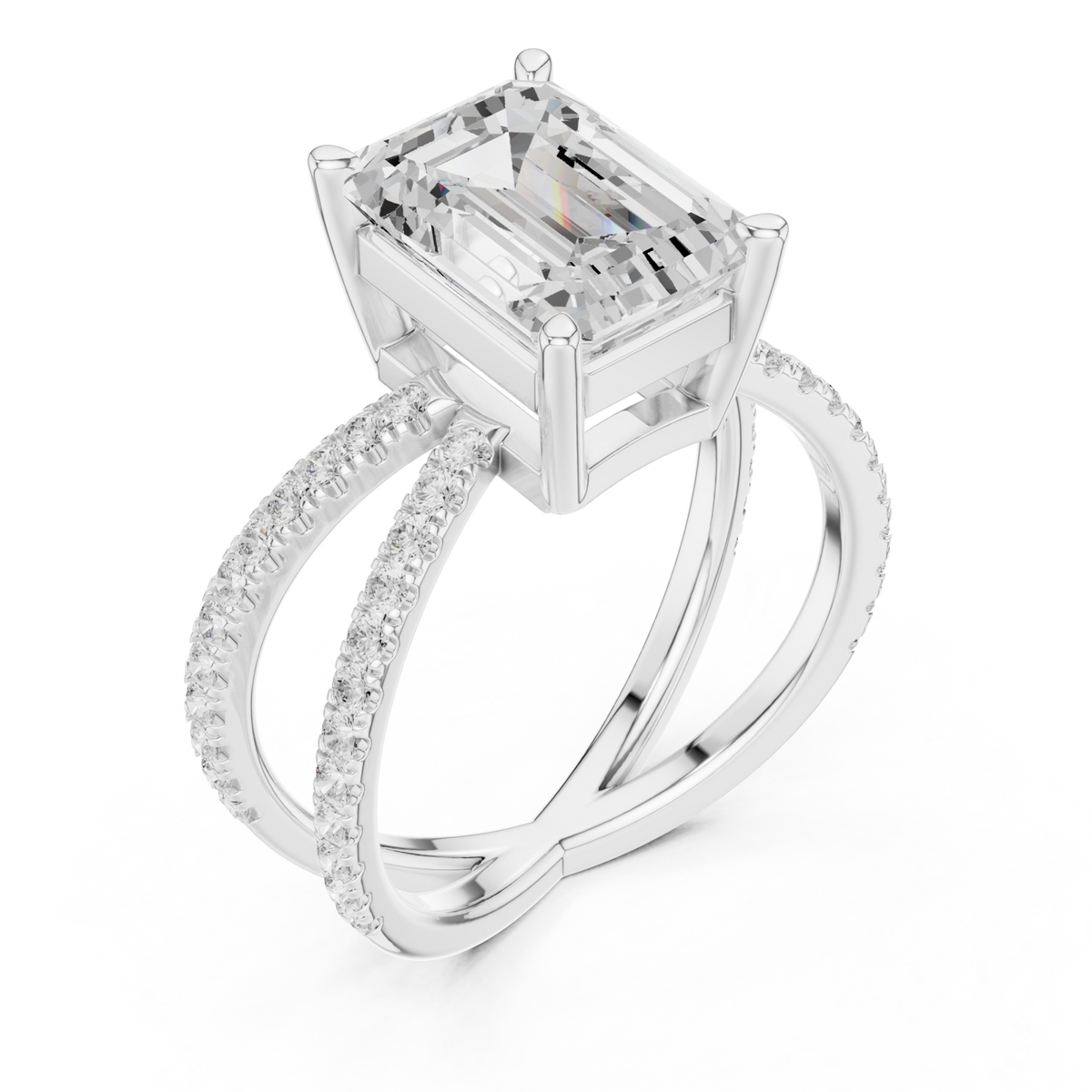 Emerald crossover pave engagement ring white gold angle view