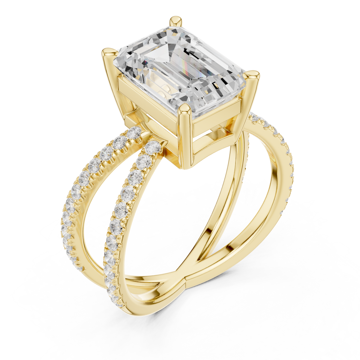 Emerald crossover pave engagement ring yellow gold angle view