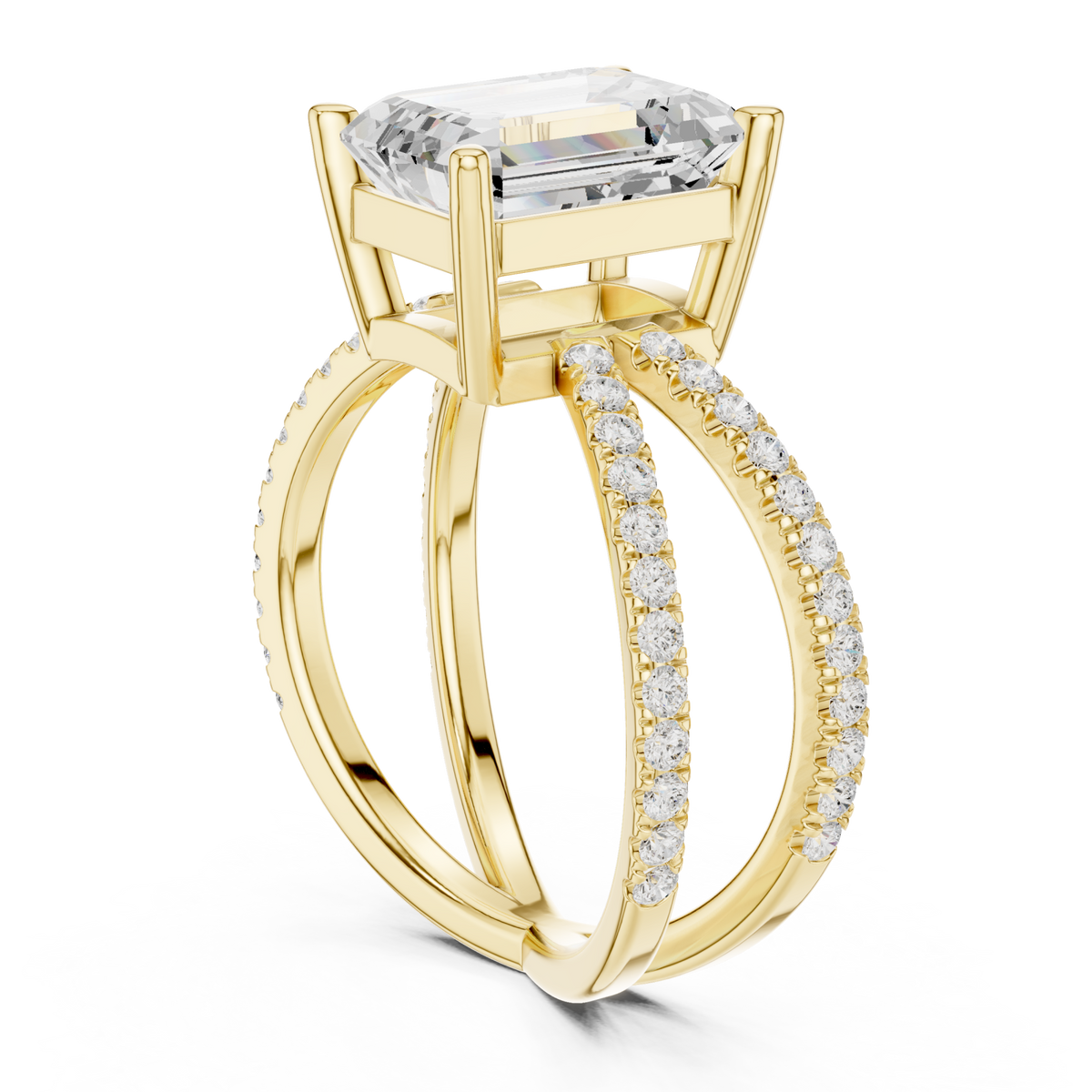 Emerald crossover pave engagement ring yellow gold front view