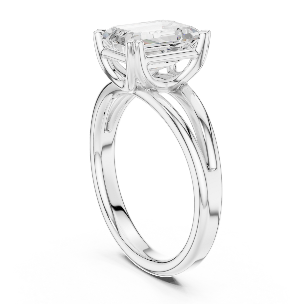 Emerald crossover split shank solitaire engagement ring white gold front view