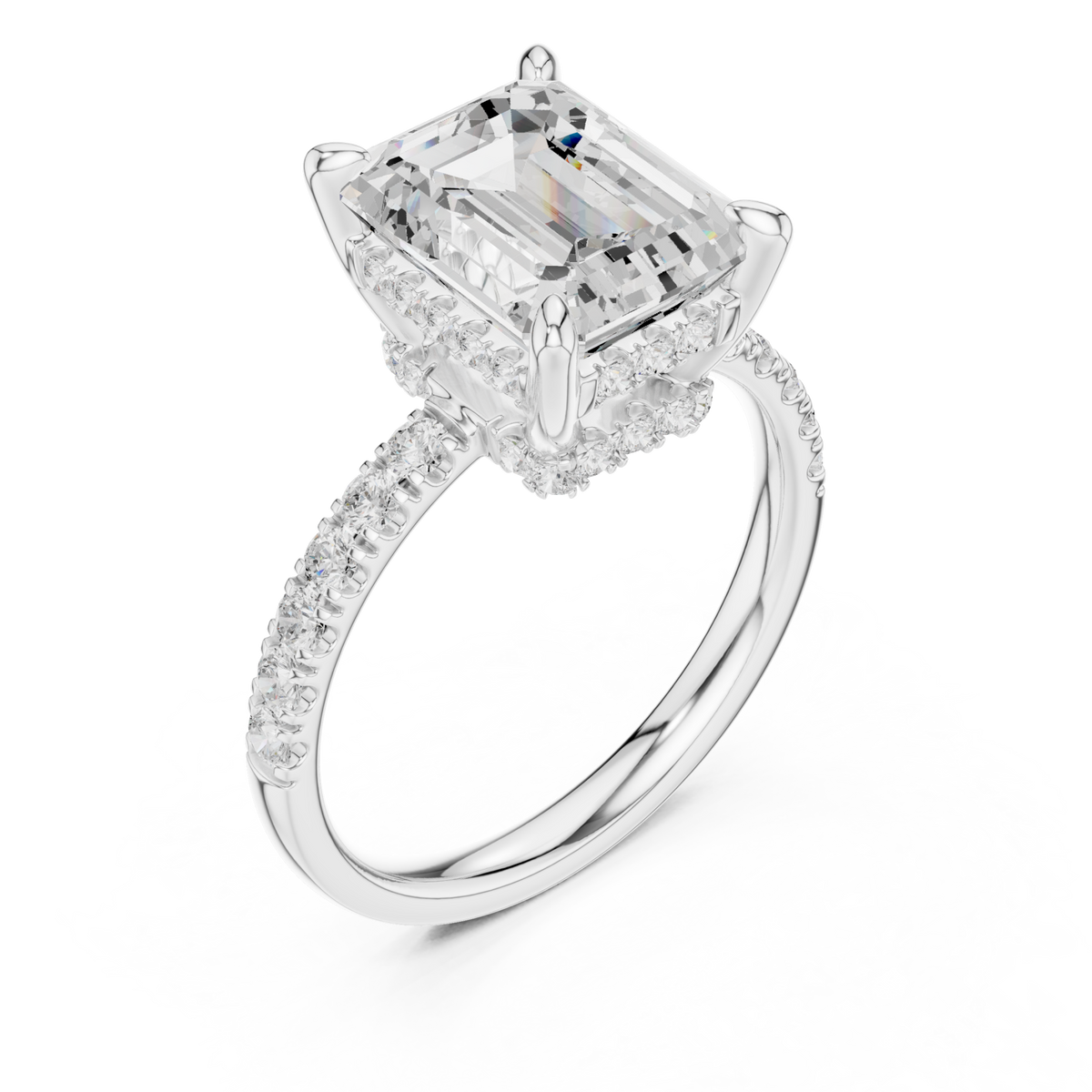 Emerald crown hidden halo pave engagement ring white gold angle view