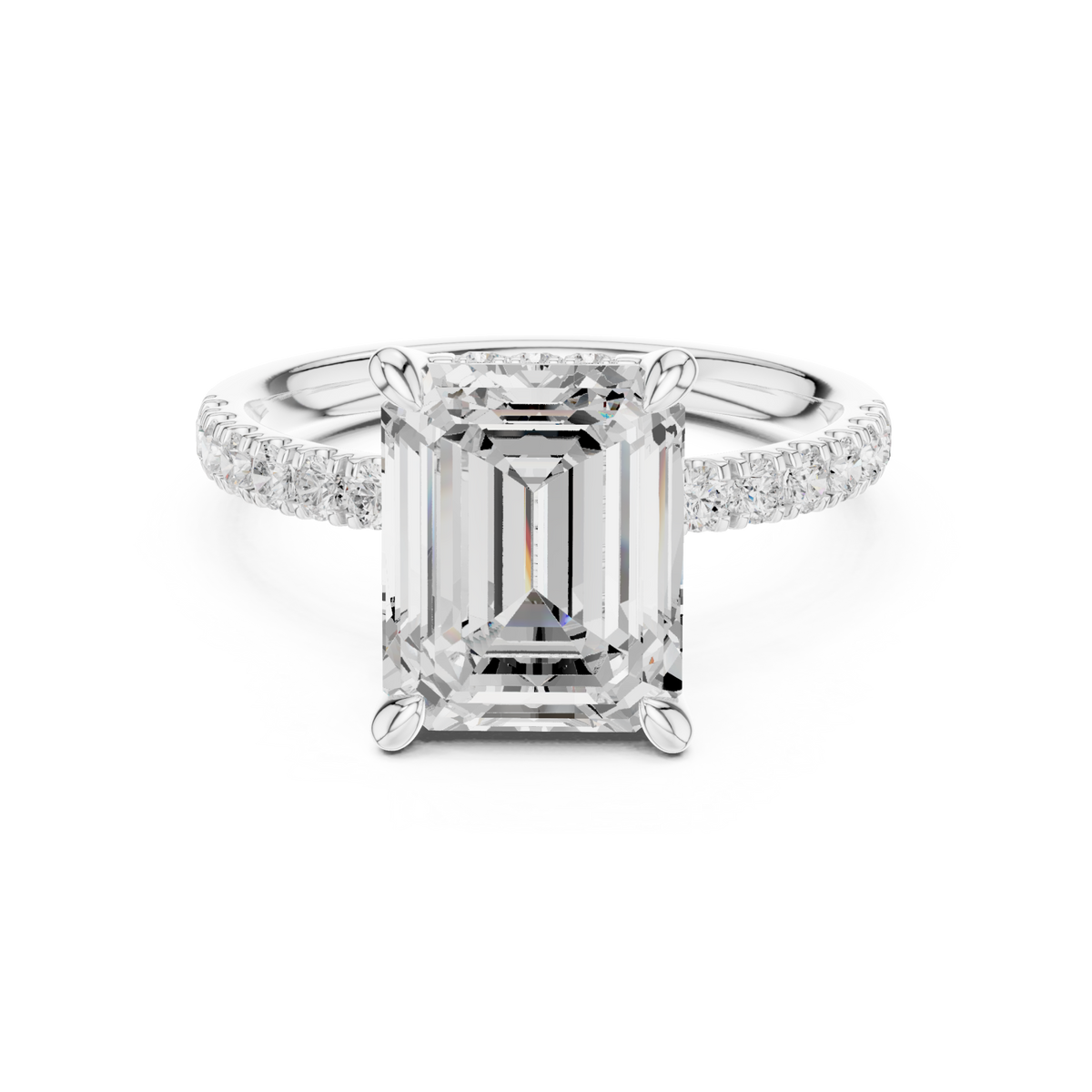 Emerald crown hidden halo pave engagement ring white gold detail view