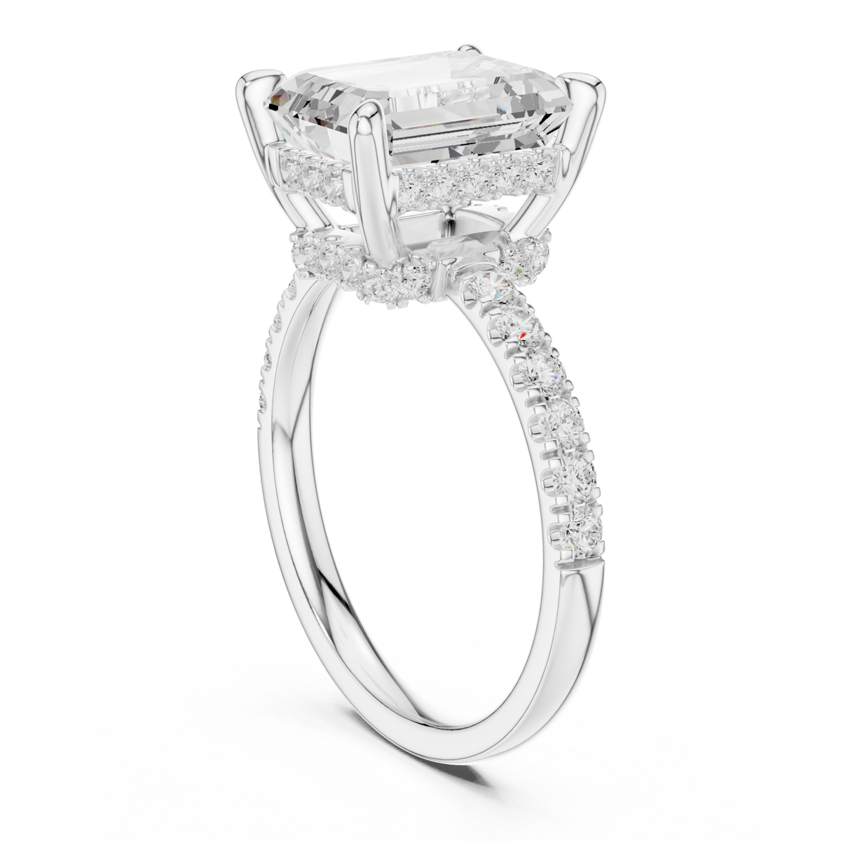 Emerald crown hidden halo pave engagement ring white gold front view