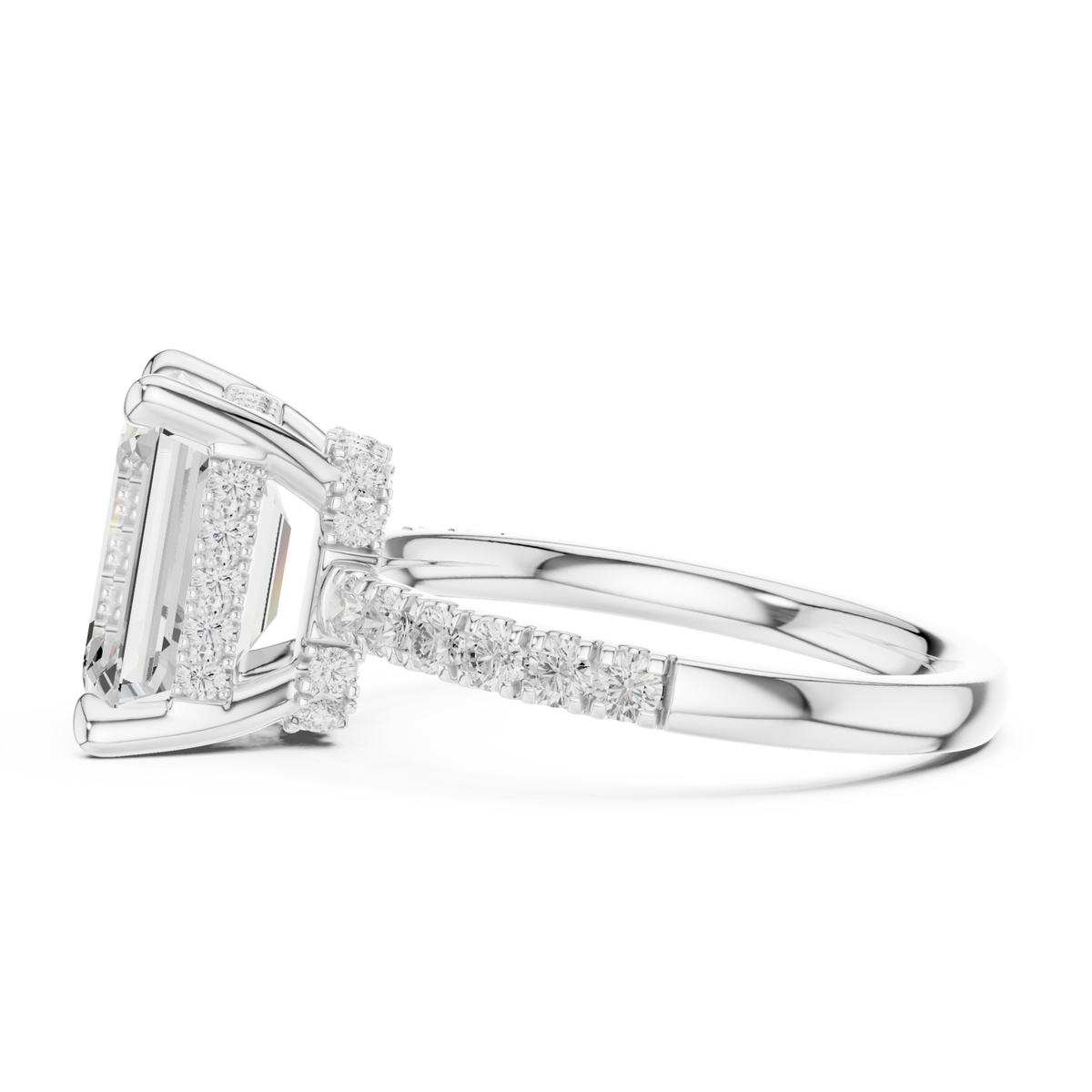 Emerald crown hidden halo pave engagement ring white gold side view