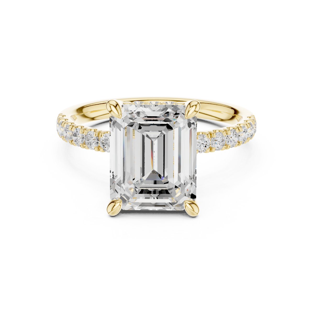 Emerald crown hidden halo pave engagement ring yellow gold detail view
