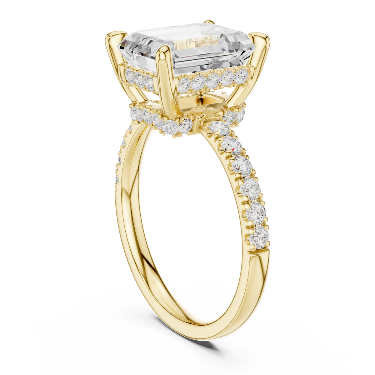 Emerald crown hidden halo pave engagement ring yellow gold front view