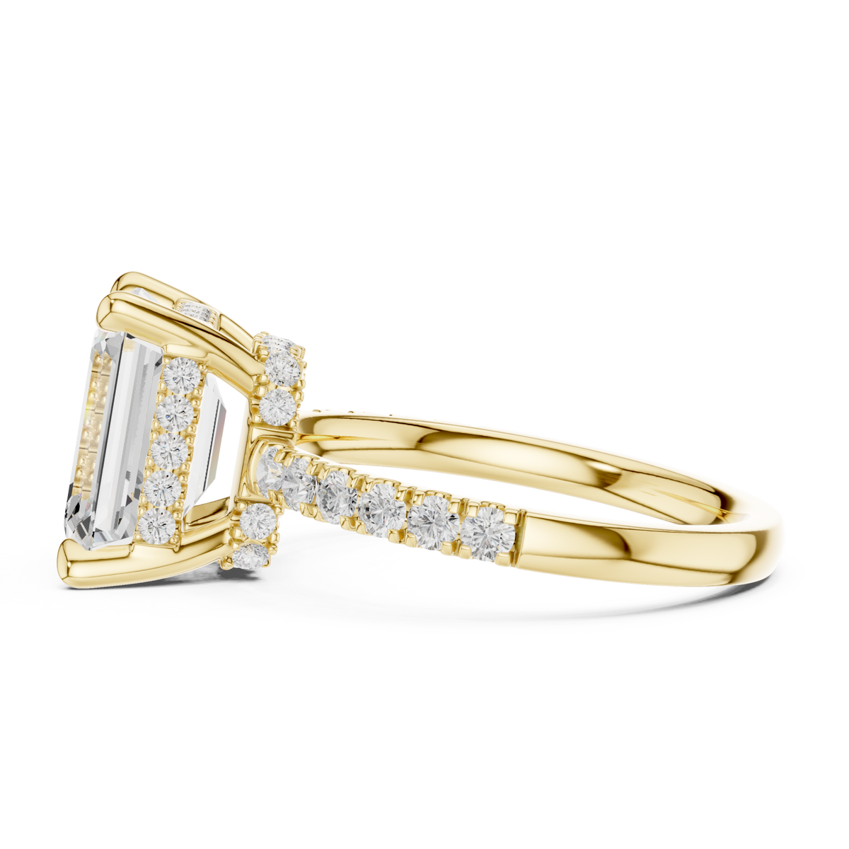 Emerald crown hidden halo pave engagement ring yellow gold side view