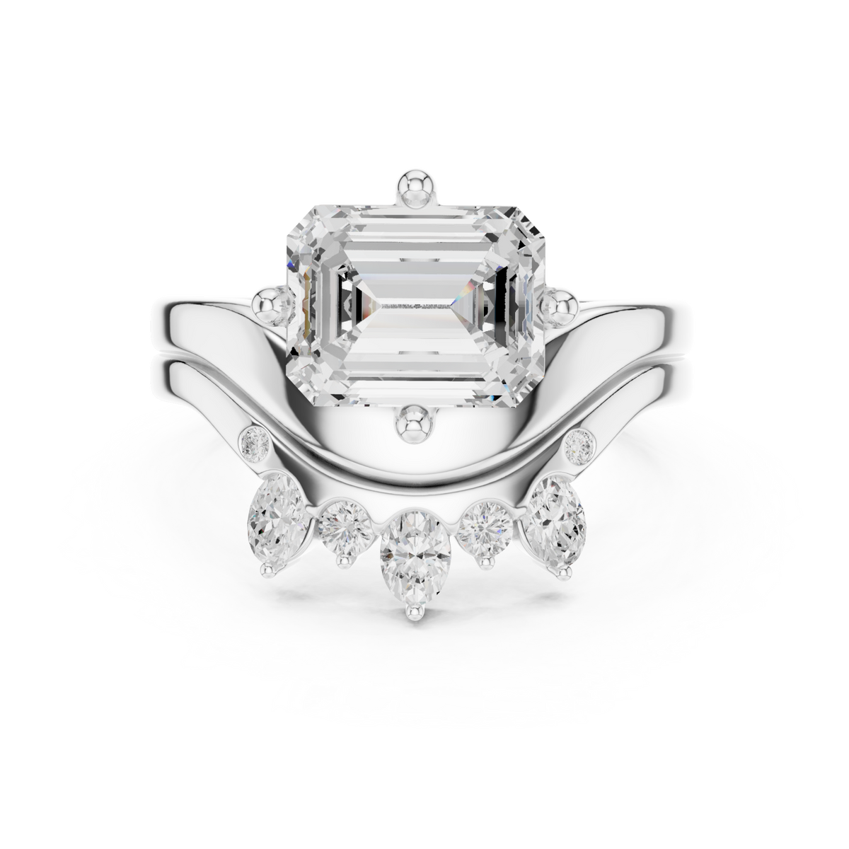 Emerald cut diamond solitaire scatter band bridal set white gold detail view
