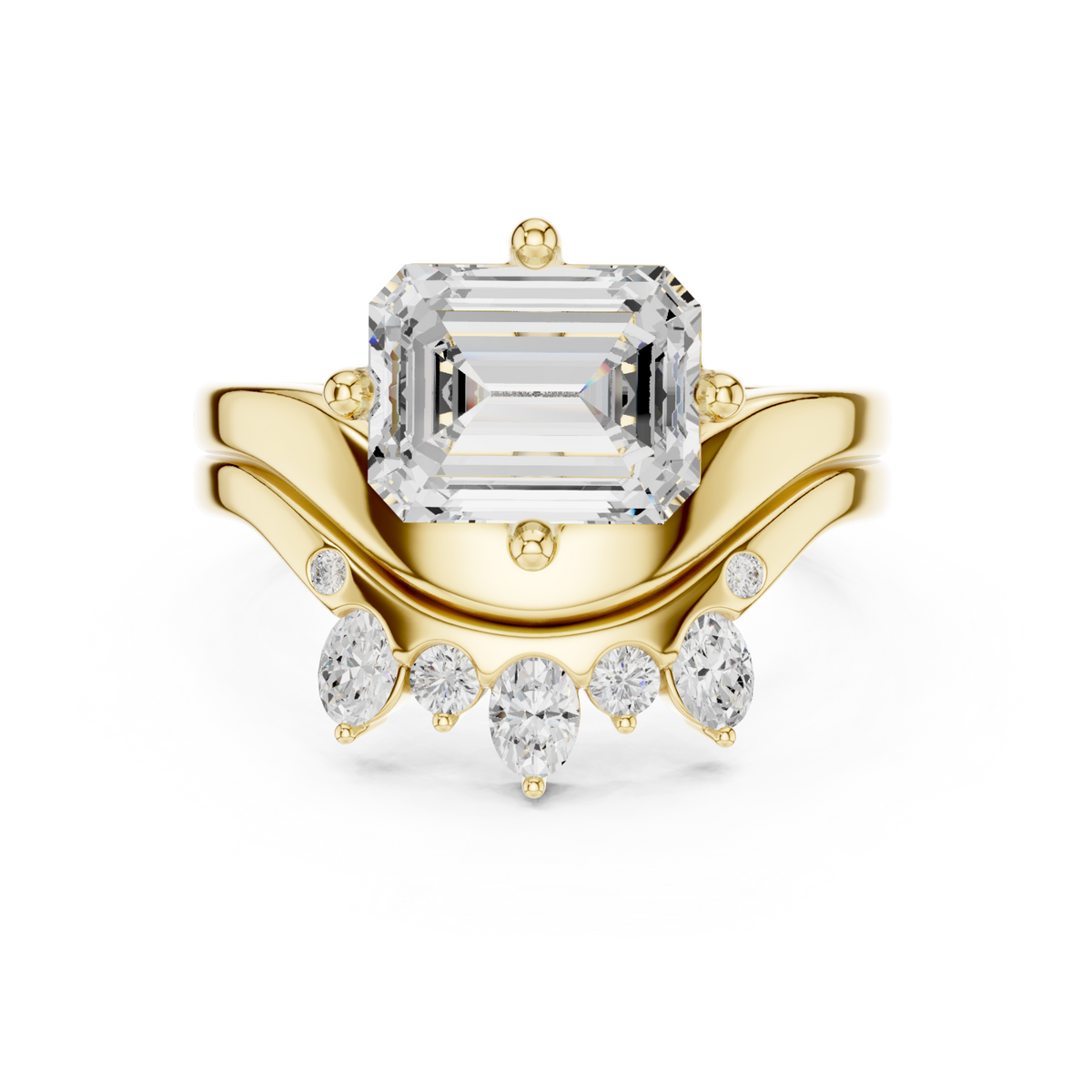 Emerald cut diamond solitaire scatter band bridal set yellow gold detail view