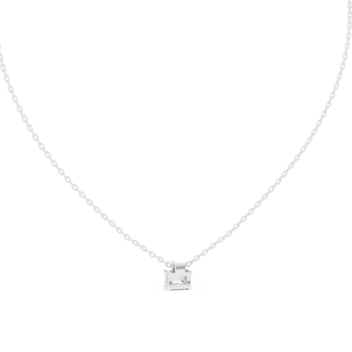 Emerald cut solitaire pendant with round accent white gold detail view