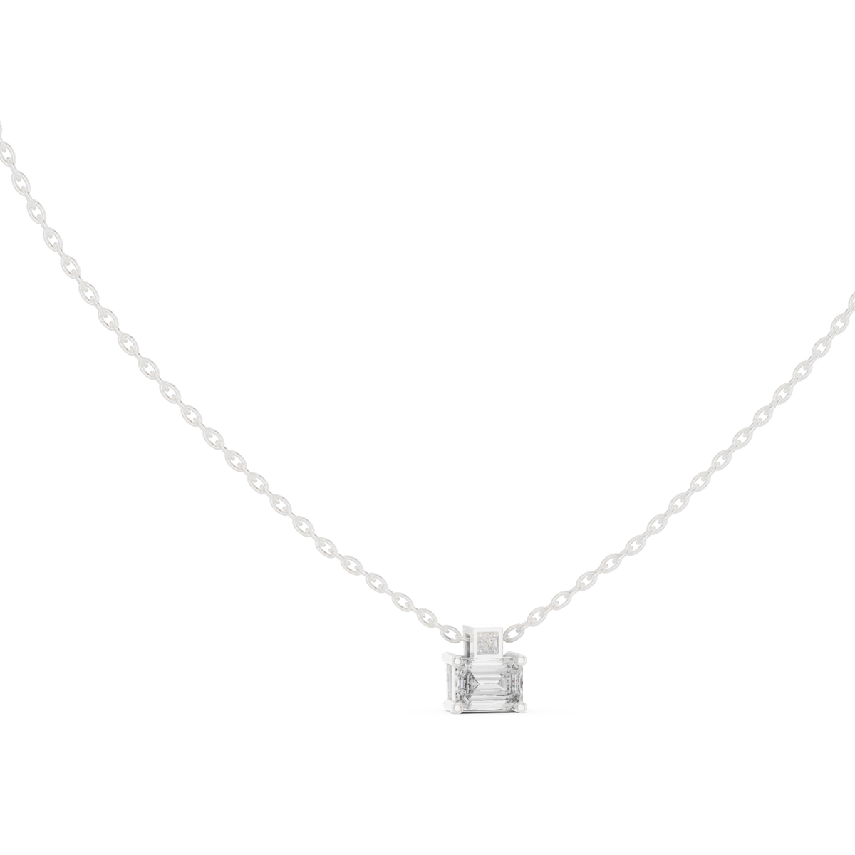 Emerald cut solitaire pendant with round accent white gold front view