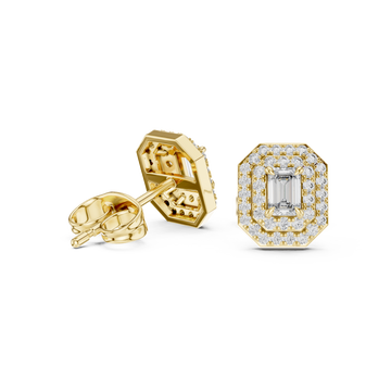 Gold Emerald Double Halo Octagon Studs Front View