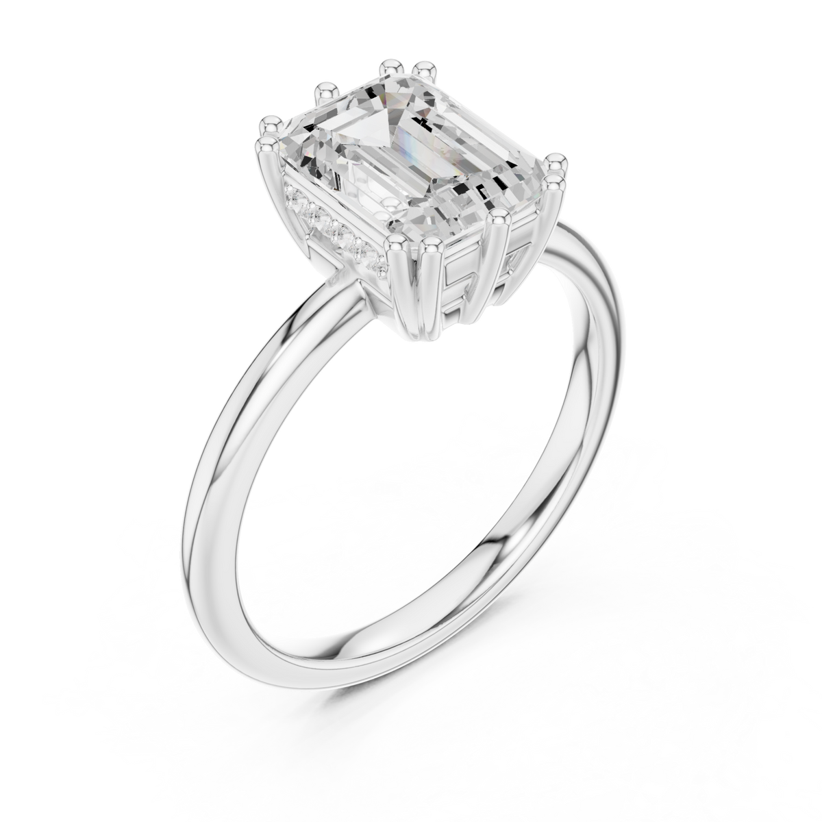 Emerald eight-prong crown solitaire engagement ring white gold angle view