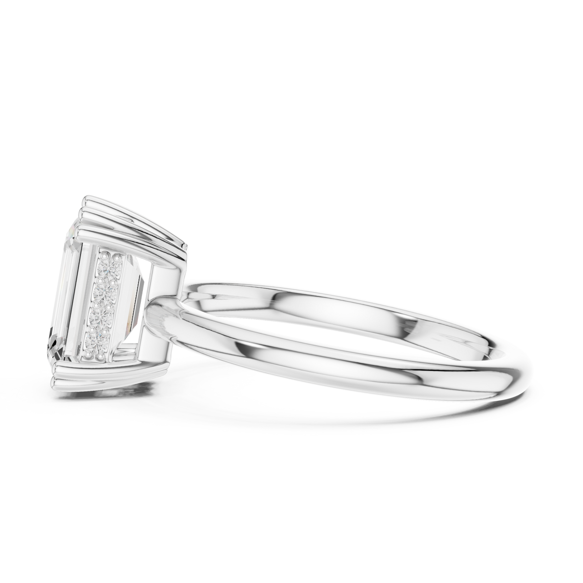 Emerald eight-prong crown solitaire engagement ring white gold side view