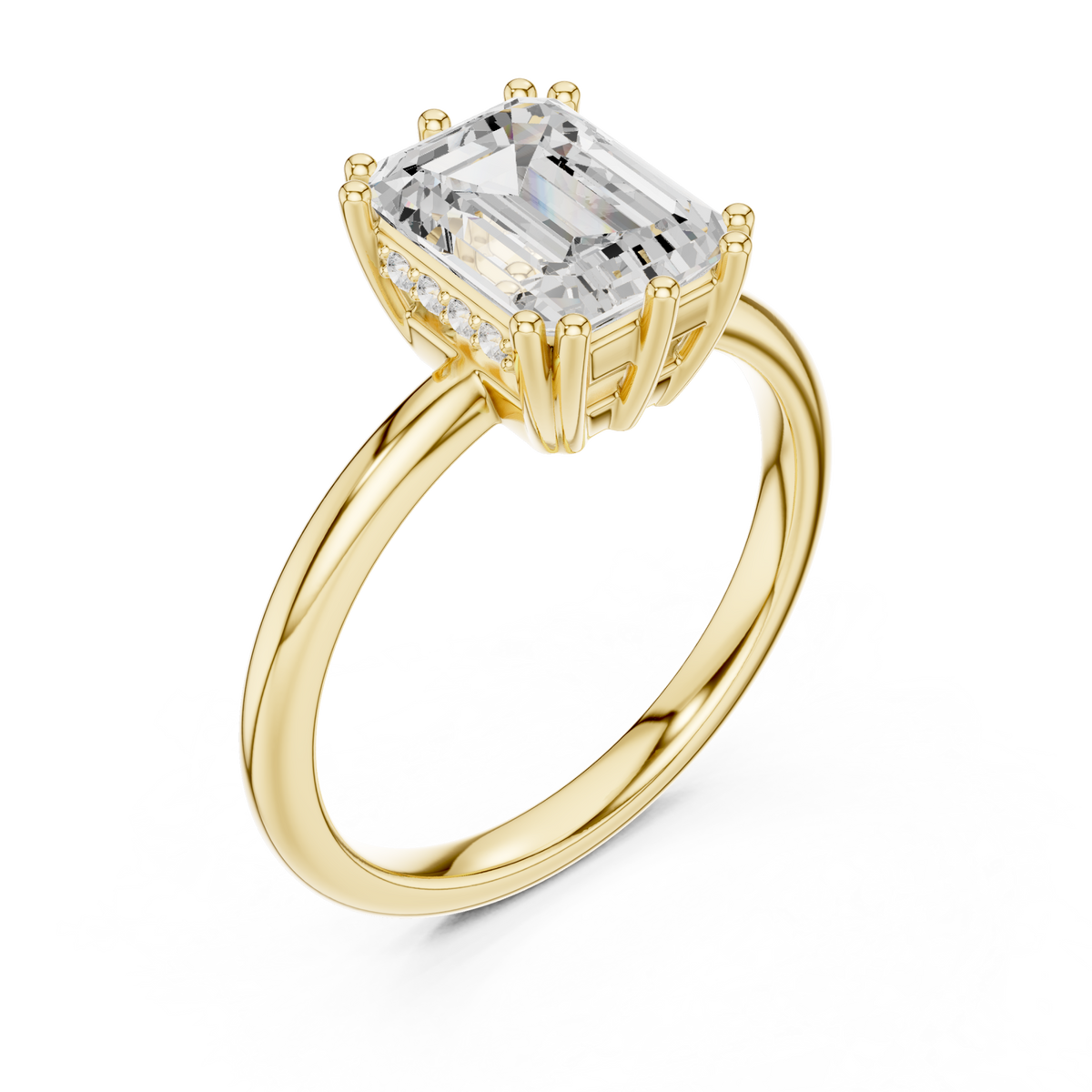 Emerald eight-prong crown solitaire engagement ring yellow gold angle view