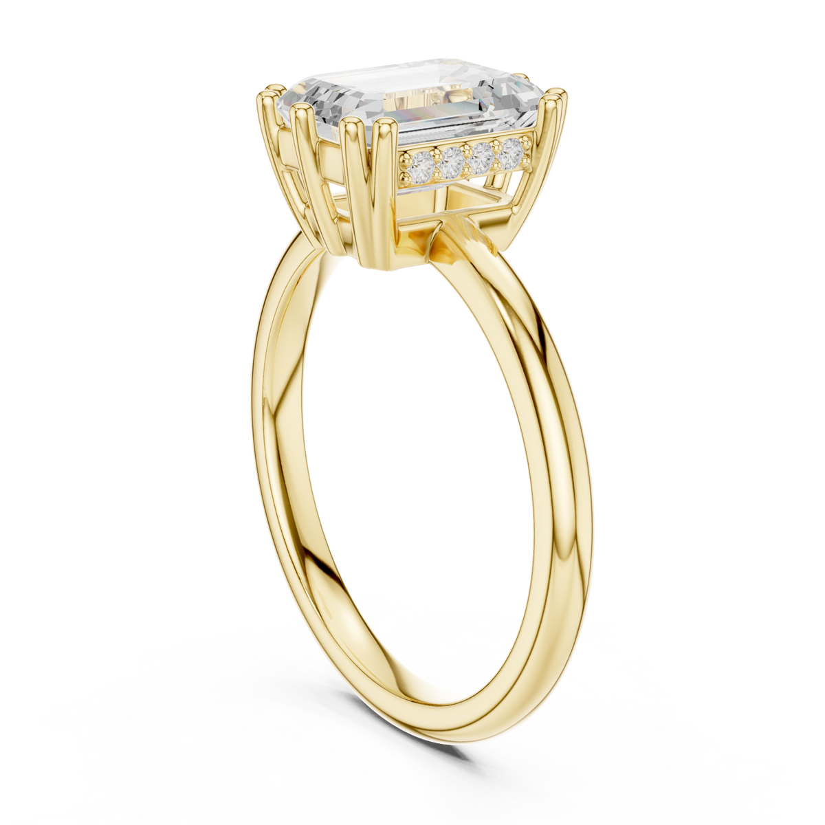 Emerald eight-prong crown solitaire engagement ring yellow gold front view