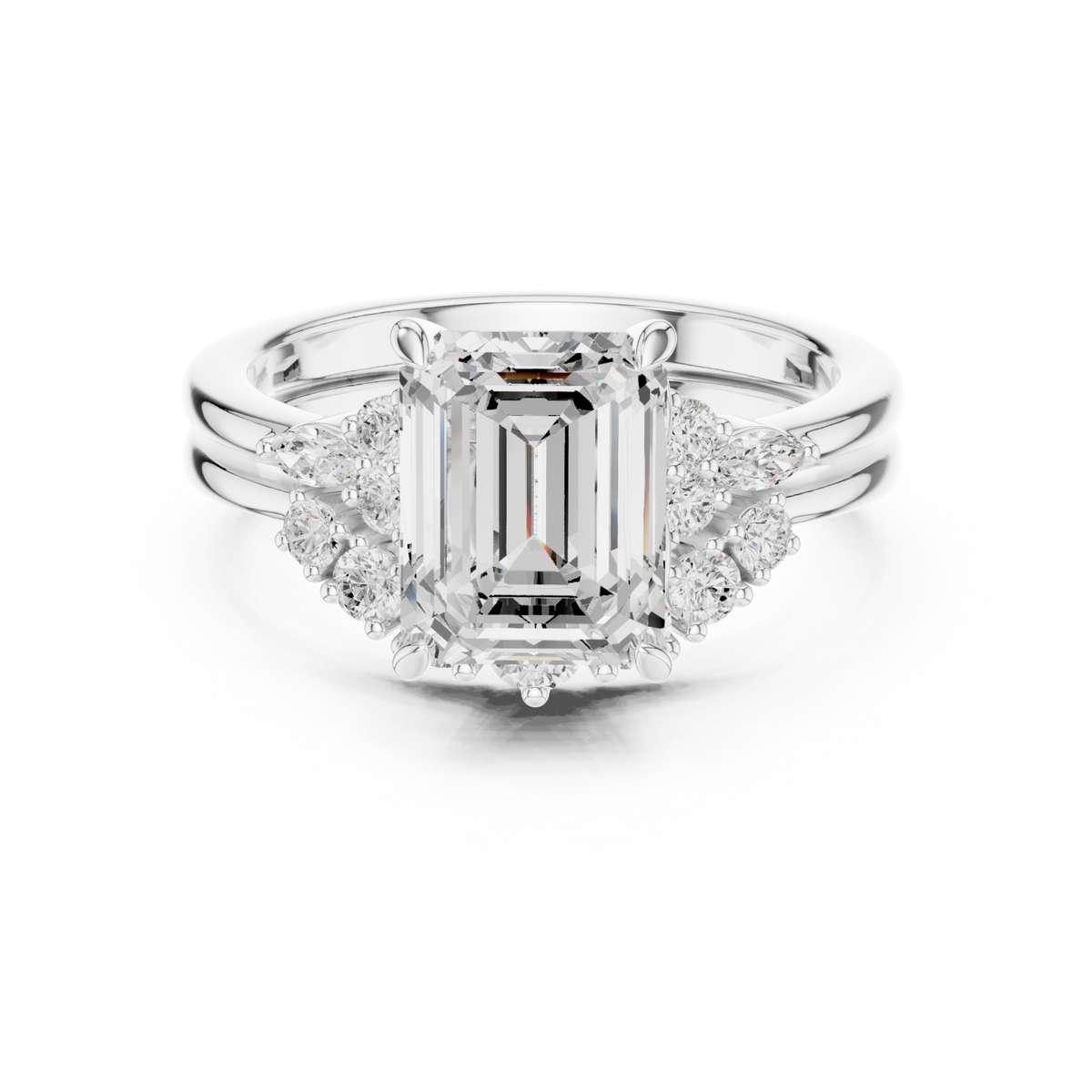 Emerald floral cluster bridal set white gold detail view