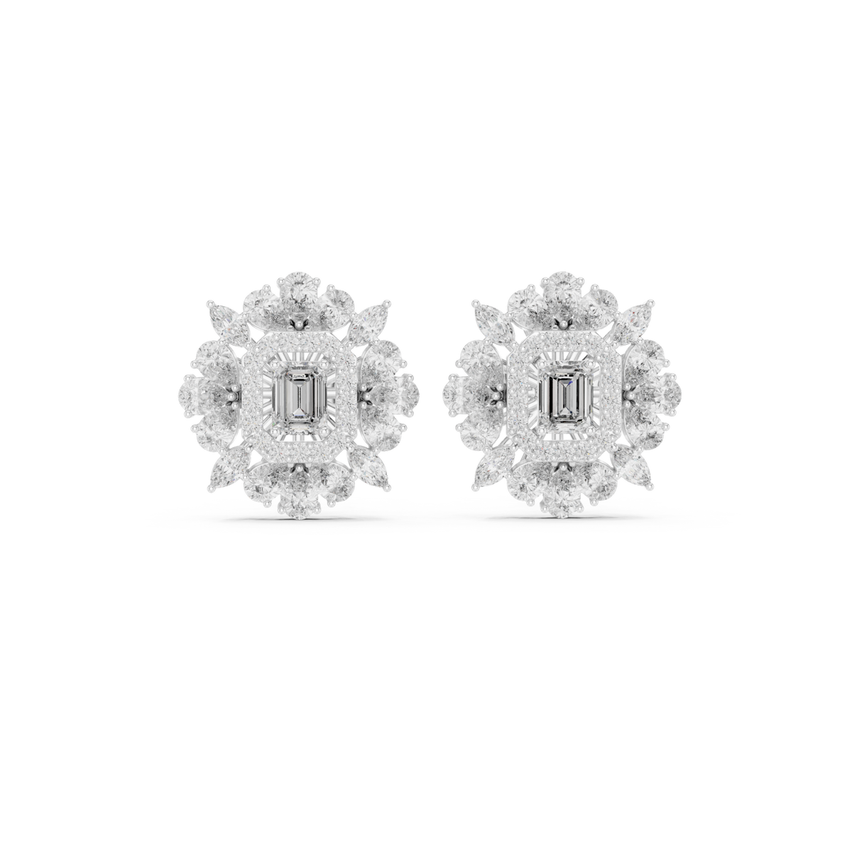  White Gold Emerald Floral Cluster Halo Studs Detail View
