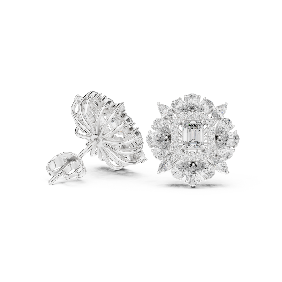  White Gold Emerald Floral Cluster Halo Studs Side View