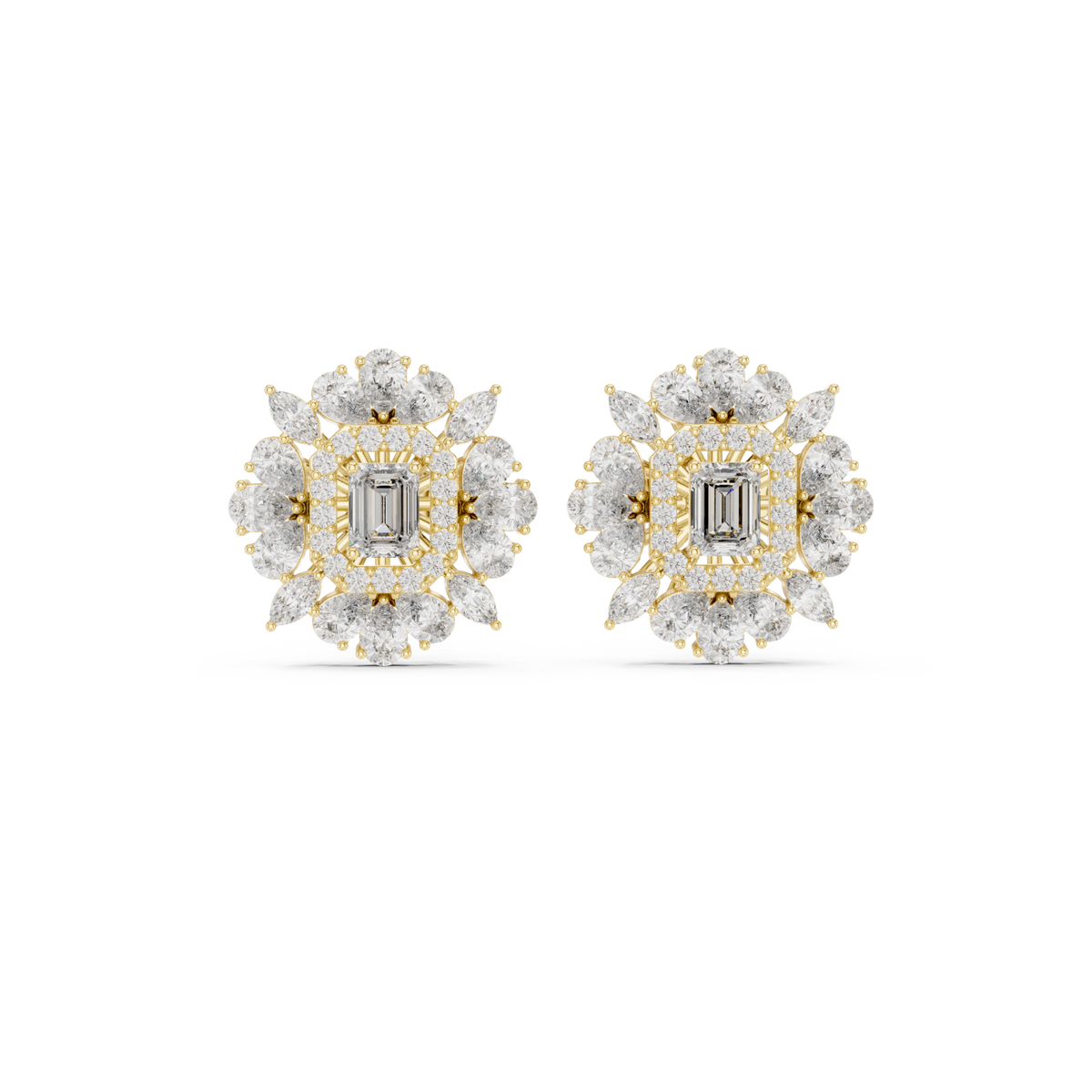  Gold Emerald Floral Cluster Halo Studs Detail View