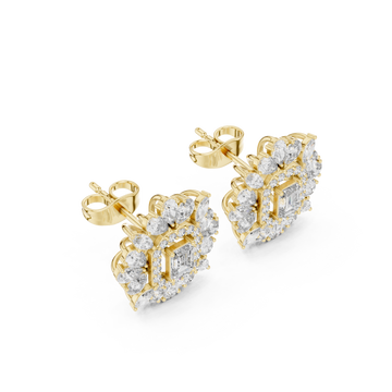 Gold Emerald Floral Cluster Halo Studs Front View