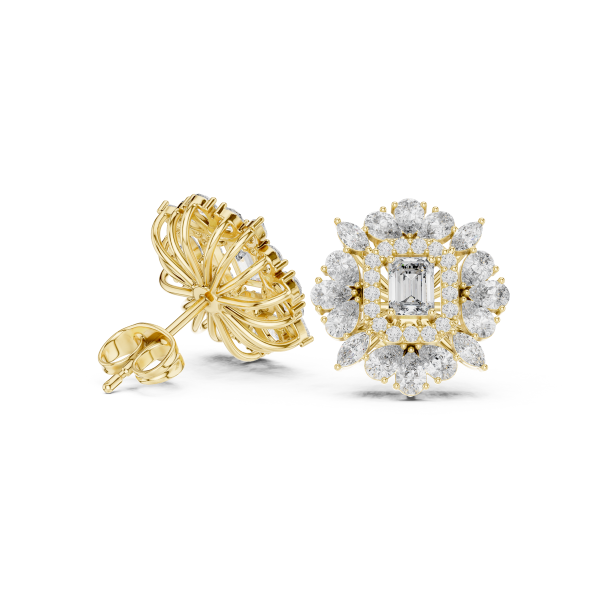  Gold Emerald Floral Cluster Halo Studs Side View
