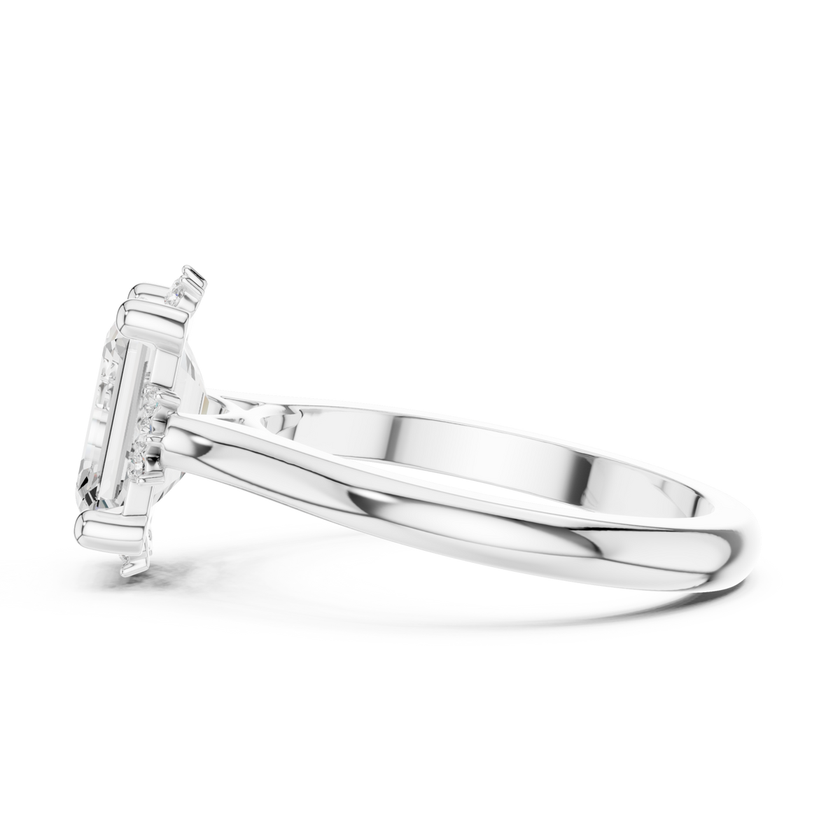 Emerald floral halo engagement ring white gold side view