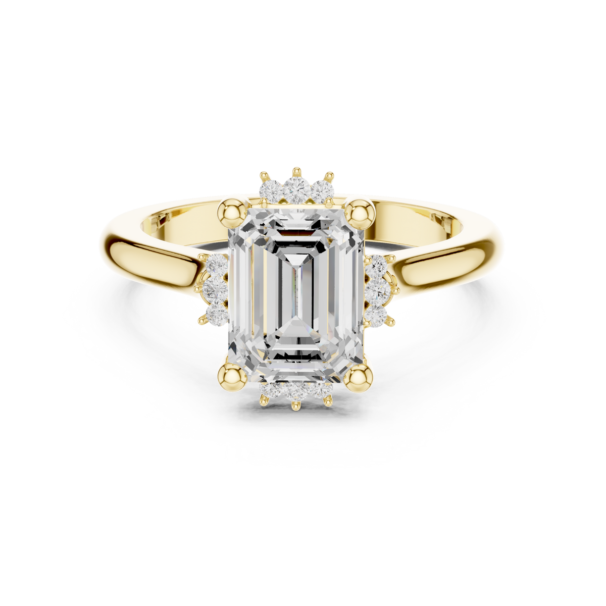 Emerald floral halo engagement ring yellow gold detail view