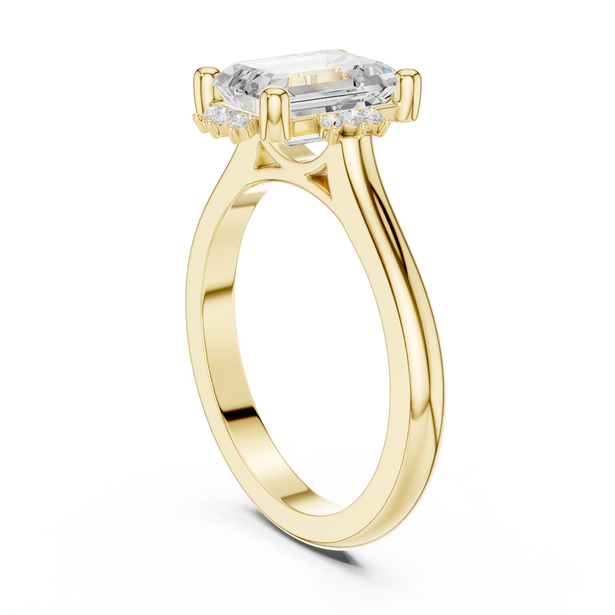 Emerald floral halo engagement ring yellow gold front view