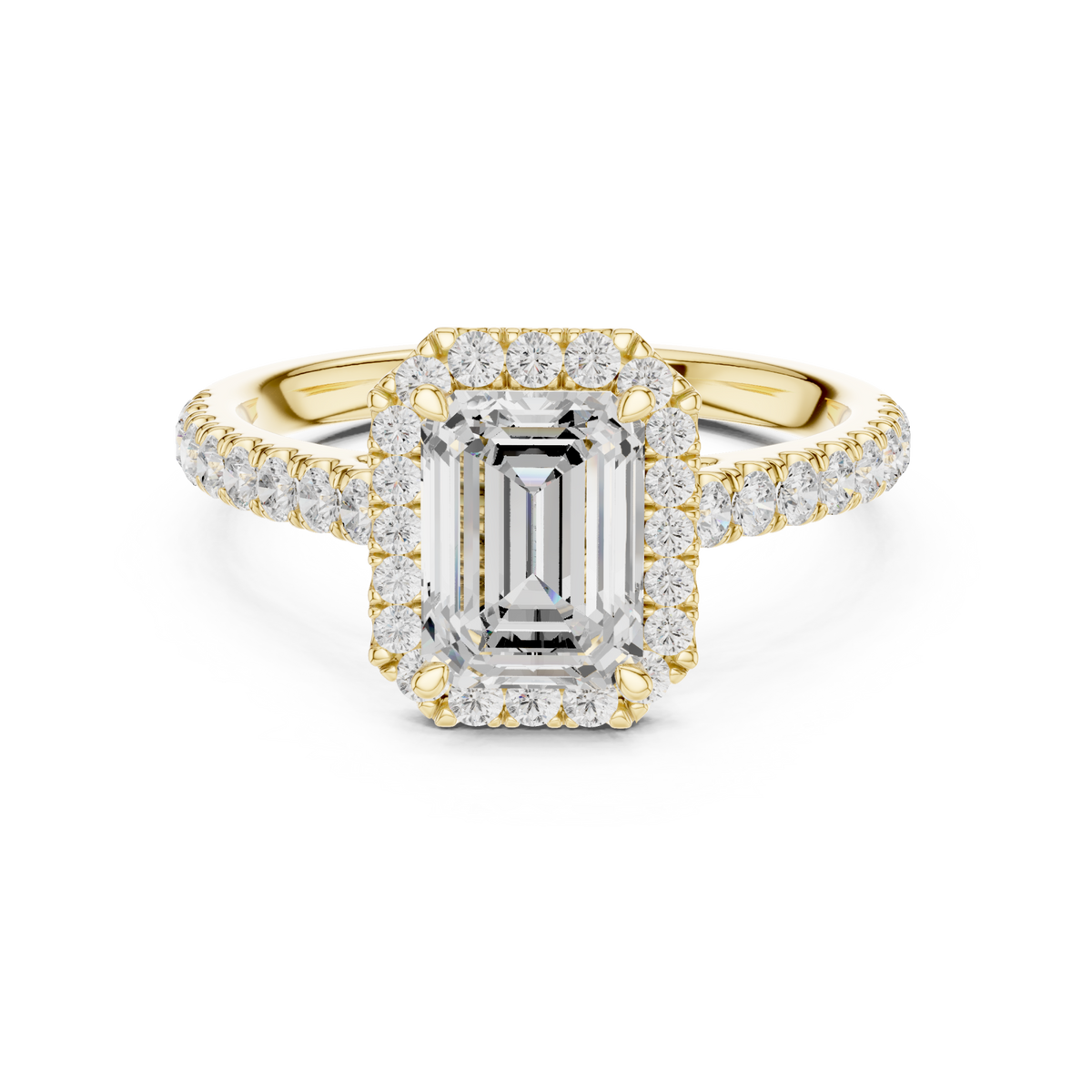 Emerald french pave halo engagement ring yellow gold detail view