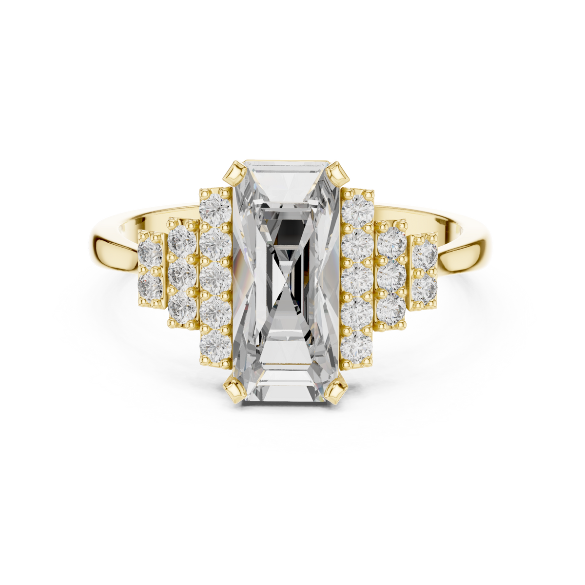Emerald graduated pave steps engagement ring yellow gold detail view