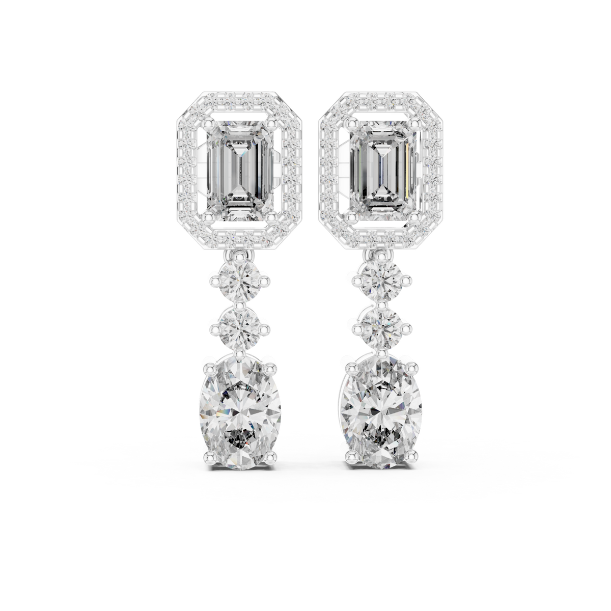  White Gold Emerald Halo and Oval Drop Earrings Detail View