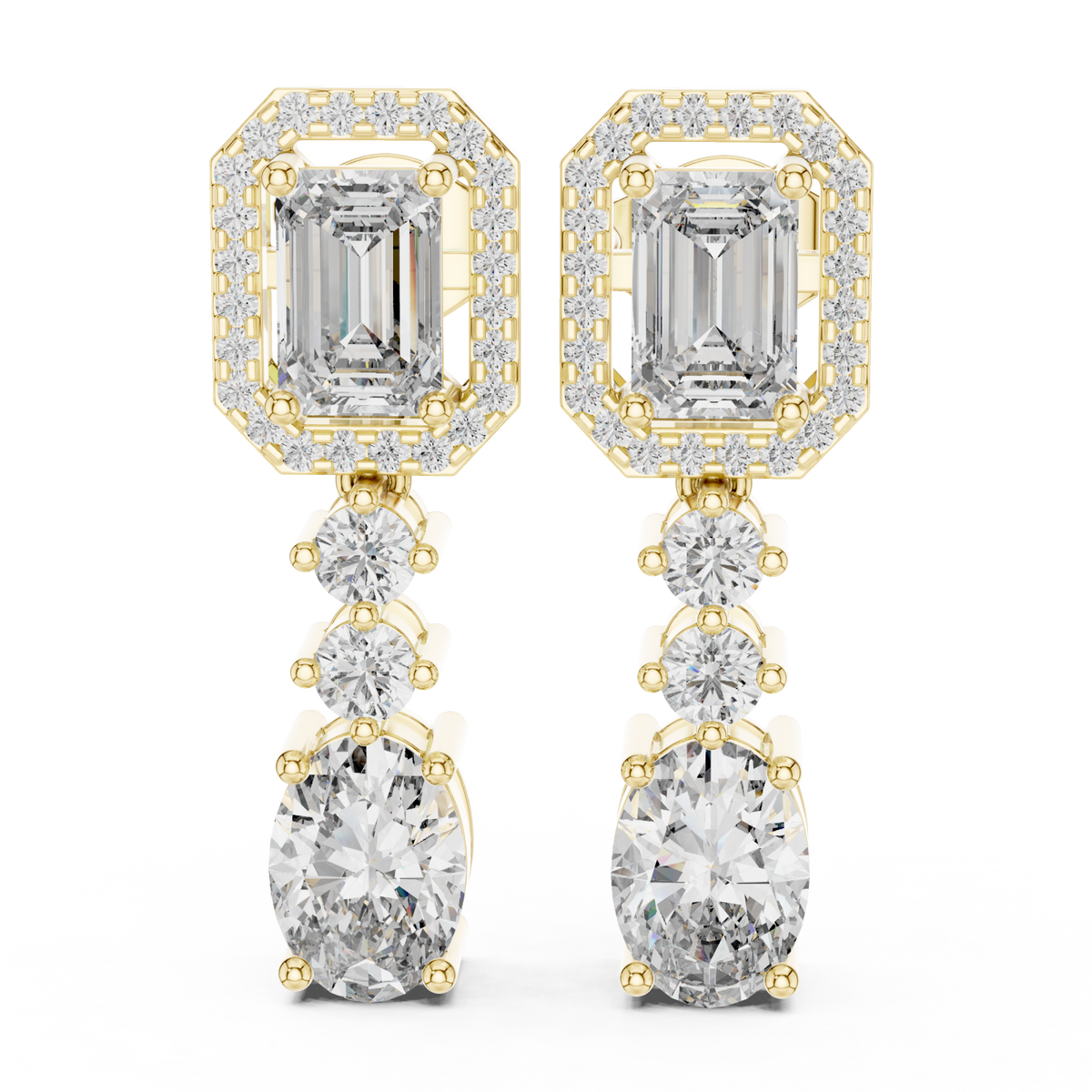 Gold Emerald Halo and Oval Drop Earrings Front View