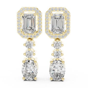 Gold Emerald Halo and Oval Drop Earrings Front View