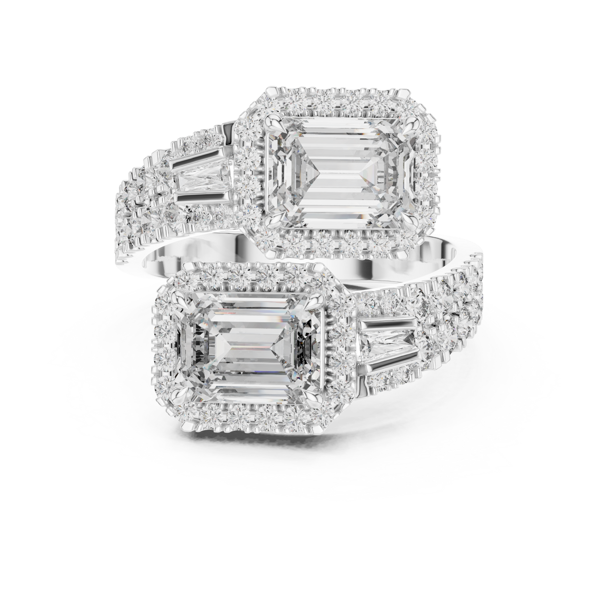 Emerald halo duo bypass ring white gold detail view