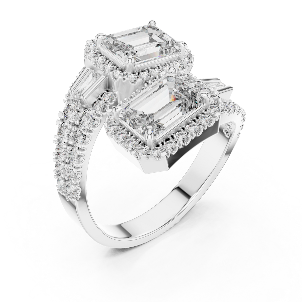 Emerald halo duo bypass ring white gold front view