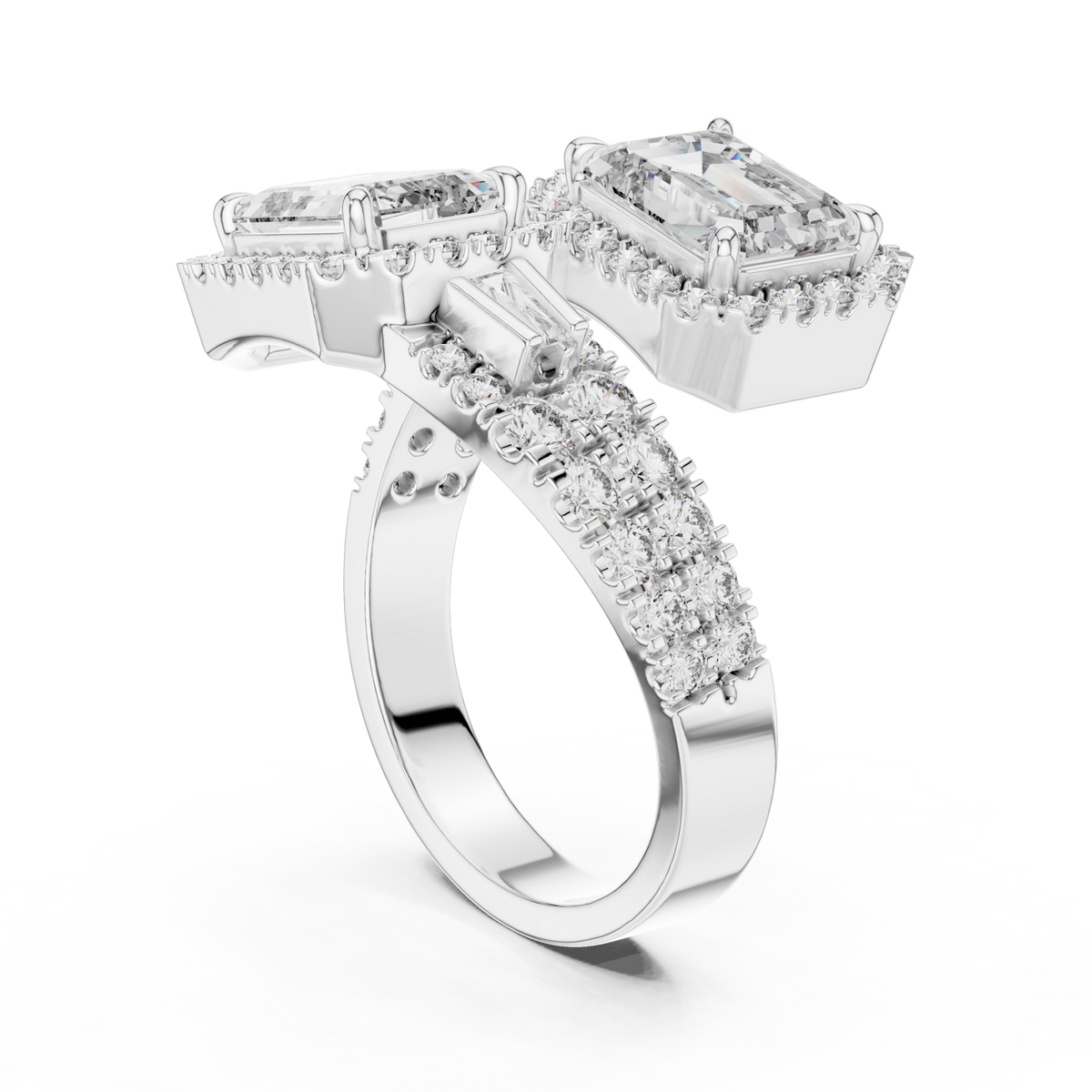 Emerald halo duo bypass ring white gold side view